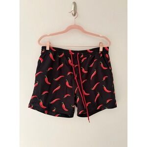 South Beach Mens Black Red Chili Pepper Print Swim Trunks Drawstring Shorts